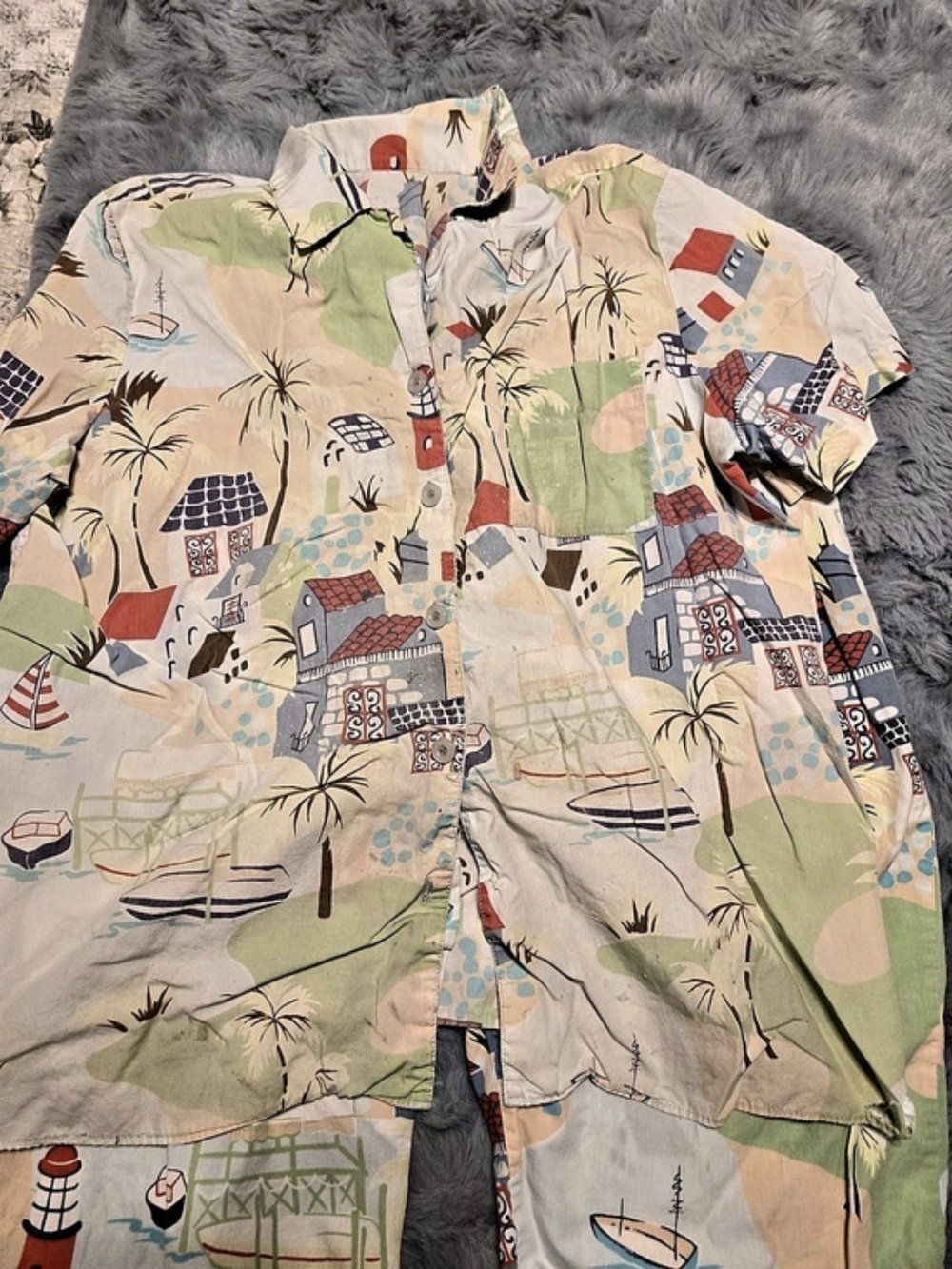 Vintage Sleep Sense Coastal Beach Village Cotton Pajama Set - Size Large